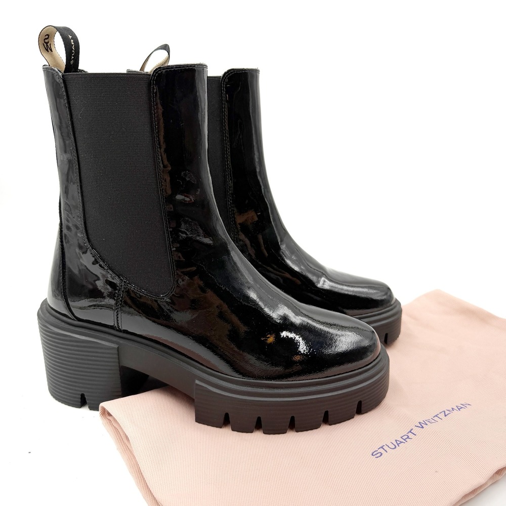 Stuart Weitzman Soho Chelsea Boot Black Patent Leather Lug Sole Womens Sz 6